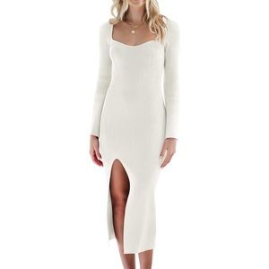 White ribbed knit dress with sweetheart neckline, bell sleeves and slit M